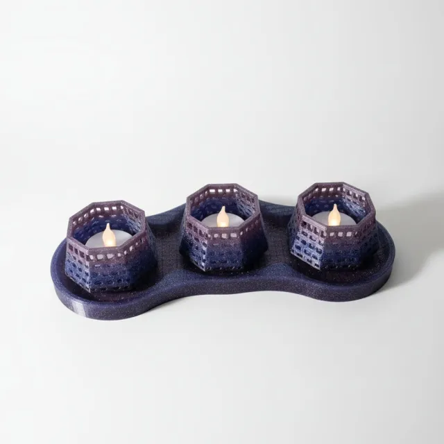 Kejsi3dprint 3D-geprinte Theelichthouders – Set van 3 – Modern Opengewerkt Design – Donkerblauw met Glitter