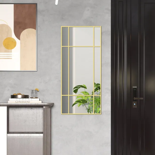 STILVORA Wandspiegel Rechthoekig 110 x 50 cm Met Gouden Metalen Lijst En Rasterdesign Voor Hal En Woonkamer Gold