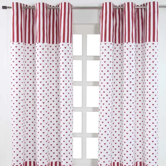 Homescapes gordijnen met oogjes harten rood wit set van 2 100% katoen, 182 x 137 cm Rood/Wit