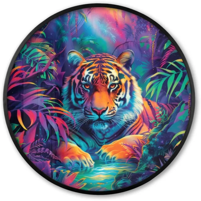 FrameYourWall Poster in lijst Rond - Fotolijst 80x80 cm - Posters - Tijger - Dier - Jungle - Kleurrijk - Ronde posterlijst zwart - Decoratie - Wanddecoratie woonkamer - Muurdecoratie slaapkamer Tijger - Tropisch