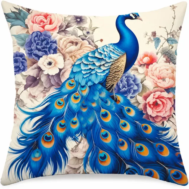 SWGOTA Decoratieve kussenhoes 45 x 45 cm - Kortpolig pluche met pauw en bloemen - Vierkant voor de bank Blauw