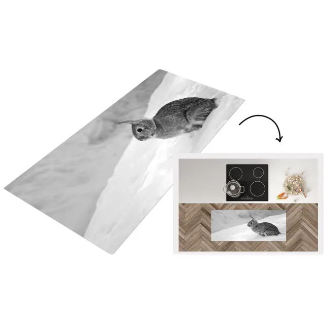 KitchenYeah Keukenloper - Loper keuken - Wild konijn in de sneeuw - zwart wit - Keukenloper vinyl Zwart; Wit