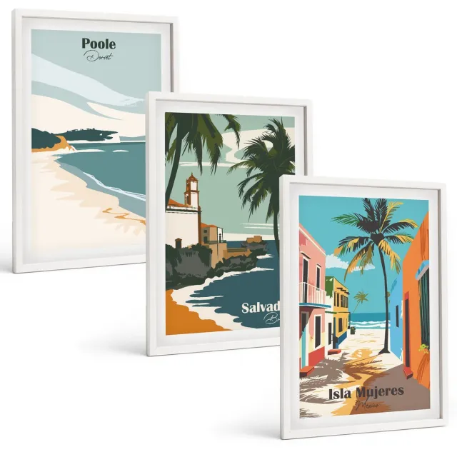 Coloray 3-Delige Schilderij Set - Tropische Landschappen Met Stranden En Palmbomen - 40 x 60 - Wanddecoratie - Schilderijen Set - Kantoor Witte lijst