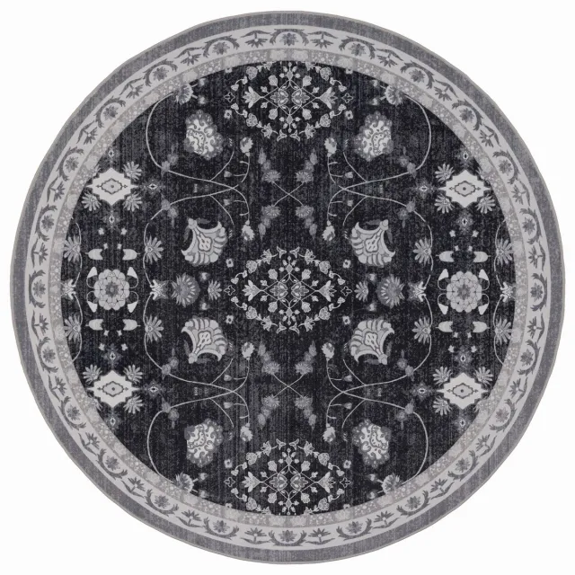 Moonay Rond Vintage Vloerkleed Atlas Bloemen 160 cm - Wasbaar Antislip Zwart