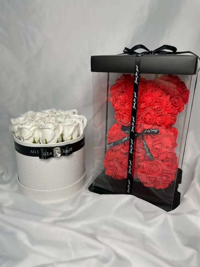 AG Luxurygift Rozen beer - AG Luxurygifts rozen box - flower box - cadeau - kerstmis - luxe - soap roses - rood - wit - rozen beer - Valentijnsdag - moederdag Wit , rood