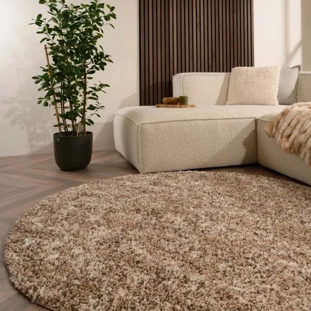 Tapeso Rond hoogpolig vloerkleed - Blend beige 120