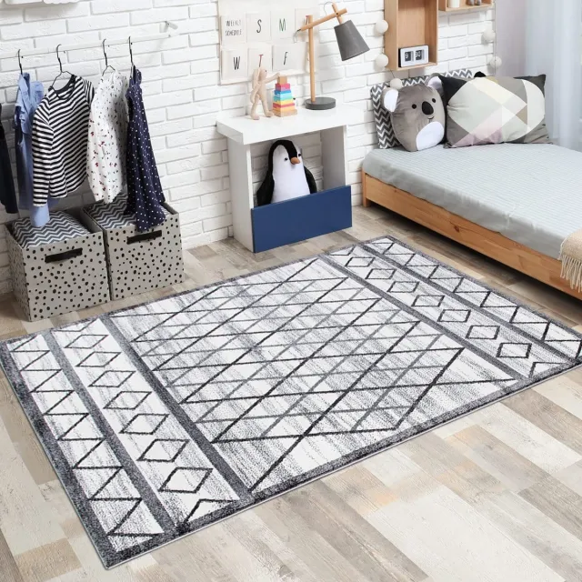 My Ninki ® Vloerkleed voor Tienerkamer met Modern Geometrisch Design - 80x150 cm - Grijs en Crème Kleurenpalet
