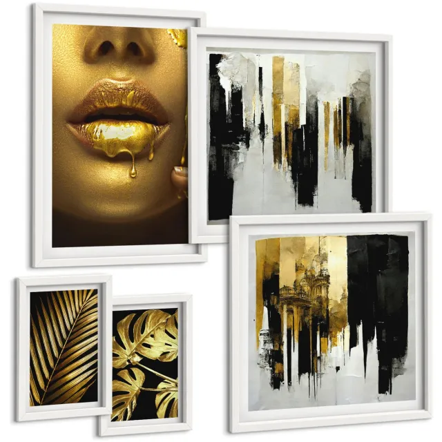 Coloray 5-Delige Schilderij Set - Glamourstijl Met Plantmotieven En Menselijke Gezichten - 50 x 50 cm, 20 x 30 cm En 40 x 60 cm - Muurdecoratie - Wanddecoratie - Hal - Moderne Wanddecoratie Witte lijst