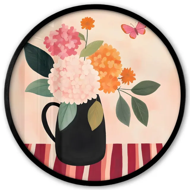 FrameYourWall Poster in lijst Rond - Fotolijst 40x40 cm - Posters - Vaas - Bloemen - Vlinder - Rood - Ronde posterlijst zwart - Decoratie - Wanddecoratie woonkamer - Muurdecoratie slaapkamer