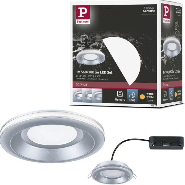 Paulmann LED-inbouwlamp Sormus Enkele lamp IP65 rond 100 mm 4,8W / 1,5W 300lm 230V 3000K Chroom mat