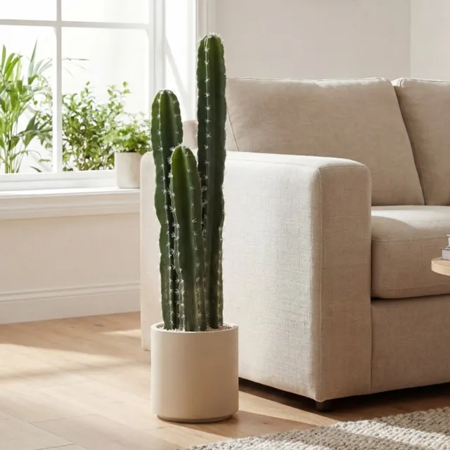 MEUNIQ Kunstplant cactus 95 cm met pot en sierstenen, voor binnen, vormbare stelen van kunststof, decoratieve kamerplant voor woonkamer, slaapkamer of kantoor, groen Green