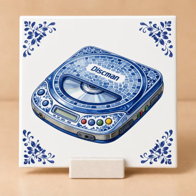 Bedruk King Delftsblauw Tegeltje 11x11 Discman met Houdertje – Cadeau voor Muziekliefhebber of Jaren 90 Fan Wit
