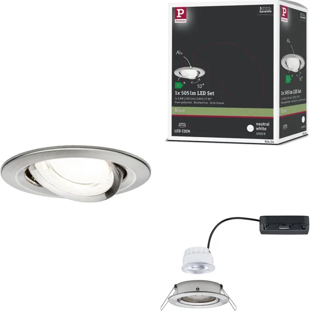 Paulmann LED-inbouwlamp Nova Coin Enkele lamp rond 84 mm 50° 2,8W 505lm 230V 4000K Staal geborsteld