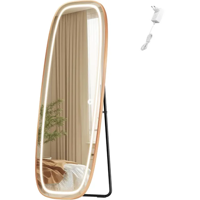 HILINSIE staande spiegel met verlichting, 160 x 50 cm, goudkleurig, gebogen staande spiegel, wandspiegel met 3 lichtkleuren, instelbare helderheid, voor slaapkamer en woonkamer