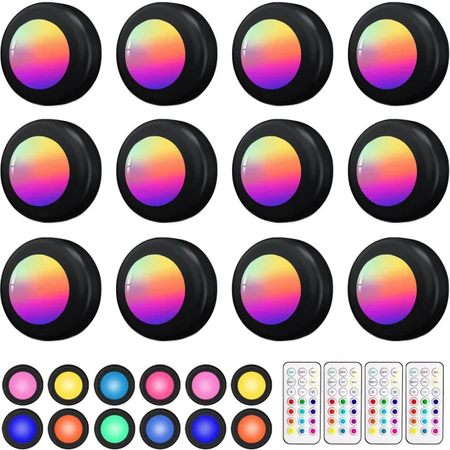 Namajunas Kastverlichting LED Draadloos - 12 Stuks - Draadloze Spotjes Met afstandsbediening - Dimbare & timerfunctie - Kastverlichting op Batterij - RGB Onderkastlampje 13 Kleuren - Vitrineverlichting Traplicht Kledingkast Kabinet Keuken Zwart
