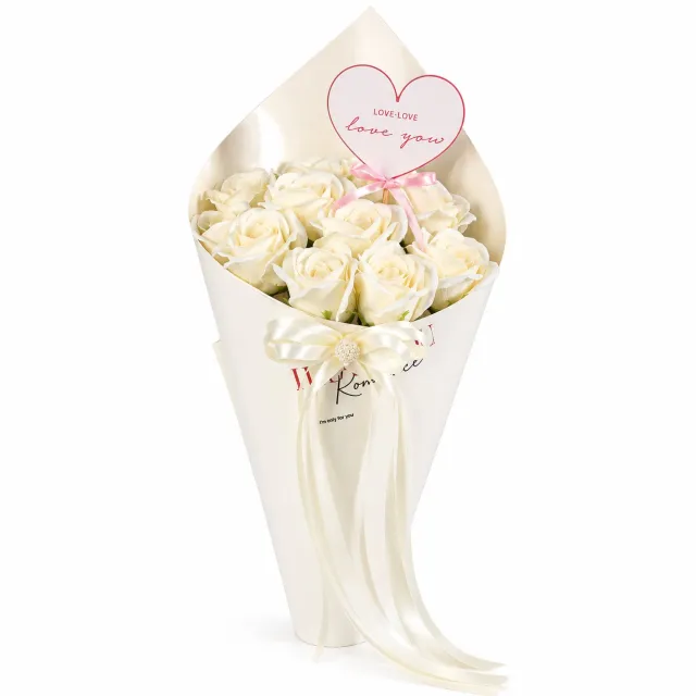 La Roselle Amsterdam Witte Kunstrozen Boeket – 10 Kunstrozen met Love You Kaart – Luxe Geschenkverpakking Ivoorwit / Crèmewit