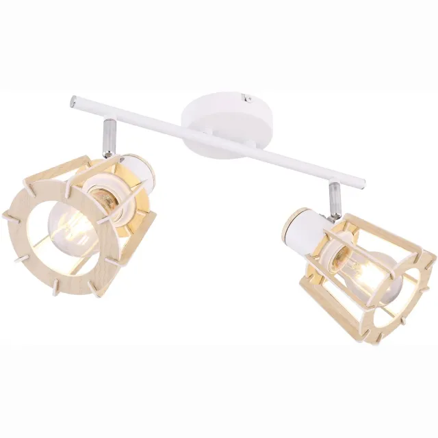 Globo Plafondlamp wit plafondspot hout spots voor plafond, 2 vlammen beweegbare spots, landhuis stijl hout look metaal wit naturel, 2x E27 stopcontacten, LxBxH 36x17x18cm