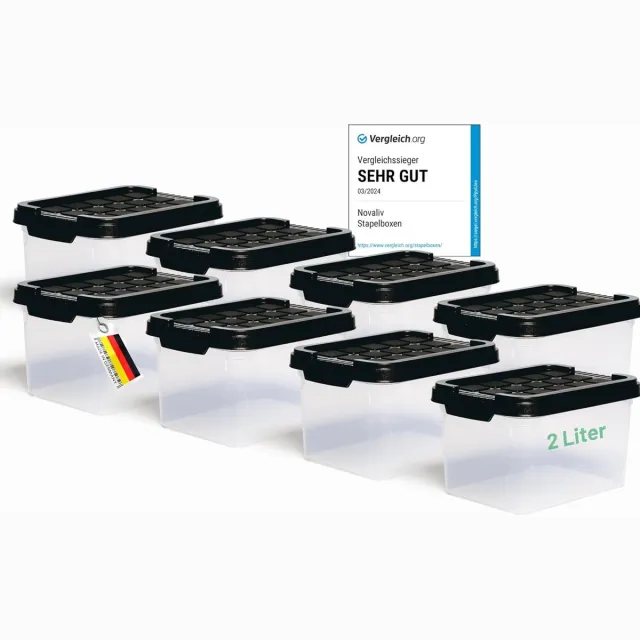 Novaliv 8x Opbergdozen met deksel Klein 2 L Antraciet Nestbaar Stapelbaar Kunststof dozen met clipsluiting Kunststof BPA-vrij 19 x 14 x 11 cm Transparant