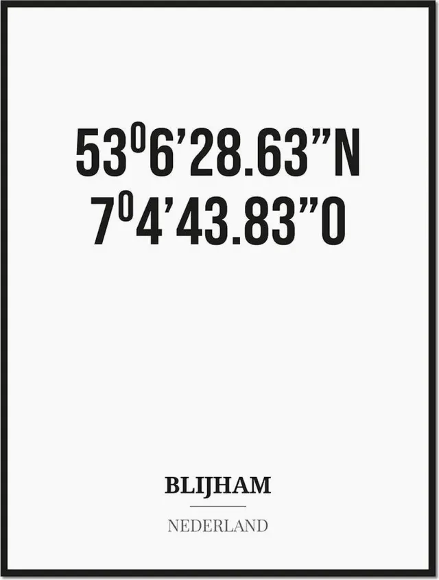 Studio216 Poster/kaart BLIJHAM met coördinaten zwart, wit