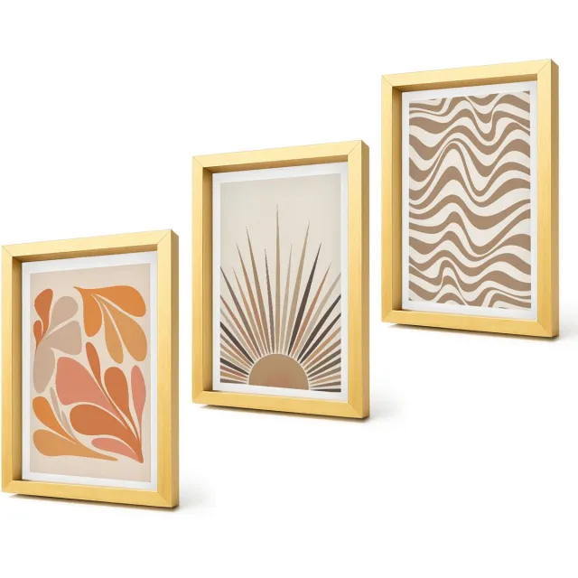 Coloray 4-Delige Schilderij Set - Zon Boho Pastel Abstracte Vormen - 20 x 30 cm - Wanddecoratie - Muurdecoratie - Woonkamer - Woonkamer Decoratie Gouden lijst
