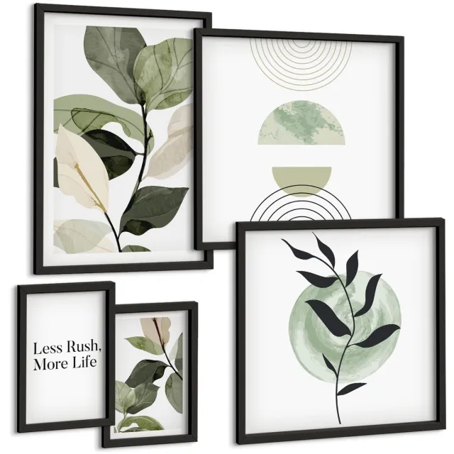 Coloray 5-Delige Schilderij Set - Stijlvolle Afbeeldingen Met Plantmotieven Voor Interieurs - 50 x 50 cm, 20 x 30 cm En 40 x 60 cm - Muurdecoratie - Wanddecoratie - Hal Zwarte lijst