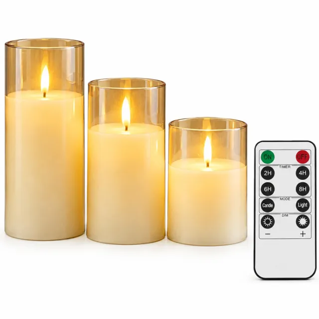 SWGOTA led kaarsen, goudkleurige set van 3 met afstandsbediening en timeropties, cilindervormige sfeerverlichting, 3 stuks per doos