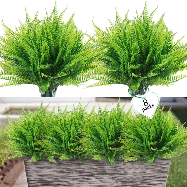 Flintry Set van 8 kunstmatige Boston-varens – UV-bestendige kunstplanten van kunststof voor buiten – Geschikt voor bloembakken, veranda's, terrassen en tuindecoratie groente
