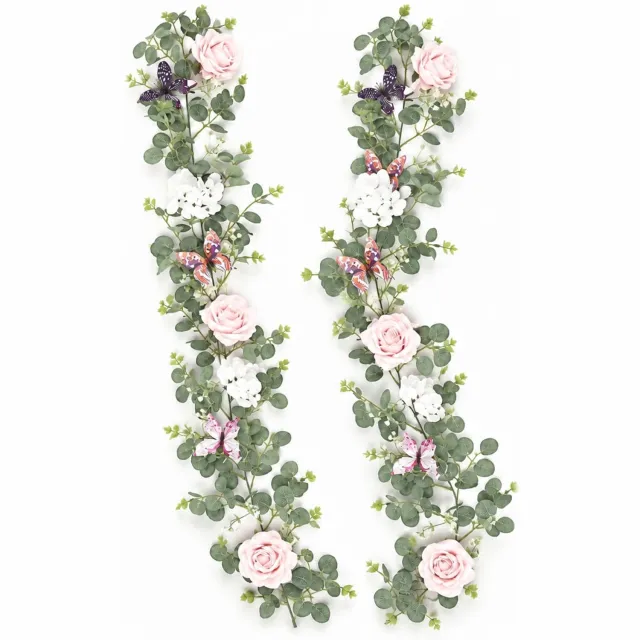 YYchan Kunstplant Eucalyptus Slinger met Roze Rozen en Vlinders - Set van 2