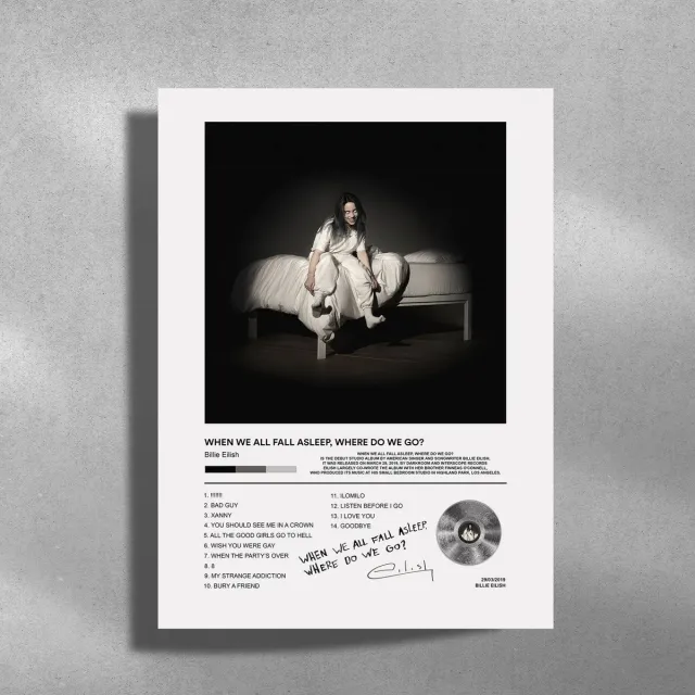 Luxe poster Billie Eilish - Metalen Poster 30x40cm - When We Al Fall Asleep, Where Do We Go? Zwart