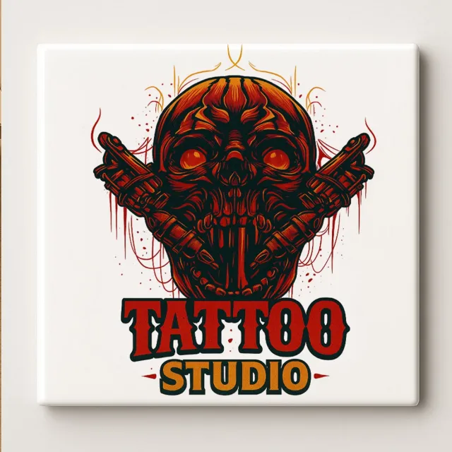 Nevolis Tattoo Studio Schedel Kunst Keramische Tegel 15x15cm – Stoer Rood Gotisch Ontwerp voor Tattoo Liefhebbers & Woondecoratie Multi Color