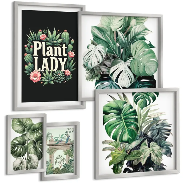 TULUP 4-Delige Schilderij Set - Bloemenaccenten in boho-stijl voor liefhebbers van groen. - 50 x 50 cm, 20 x 30 cm en 40 x 60 cm - Schilderijen Set - Wanddecoratie - Woonkamer - Interieur Decoratie Zilveren lijst