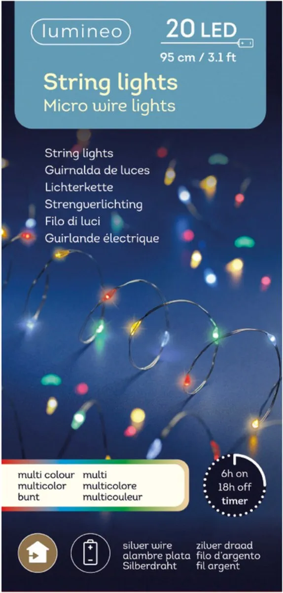 Lumineo draadverlichting - zilver - 20 led lampjes - gekleurd - 95 cm - lichtsnoer -kerstverlichting