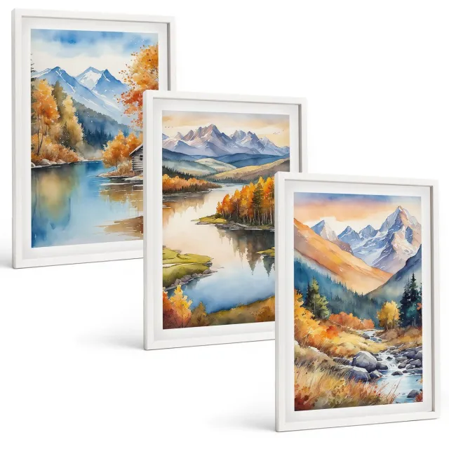 Coloray 3-Delige Schilderij Set - Uitzicht Op De Bergen Met Een Rivier En Herfstbomen. - 40 x 60 - Muurdecoratie - Schilderijen Set - Woonkamer - Interieur Decoratie Witte lijst
