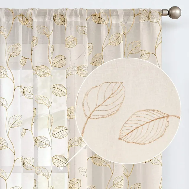 Ibenzoa Transparante gordijnen met bladeren borduurwerk voor woonkamer en slaapkamer, set van 2 Bladeren C Beige