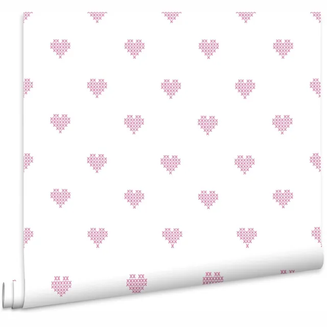 Fien & Teun Behang Hartjes kruissteek Wit/Roze