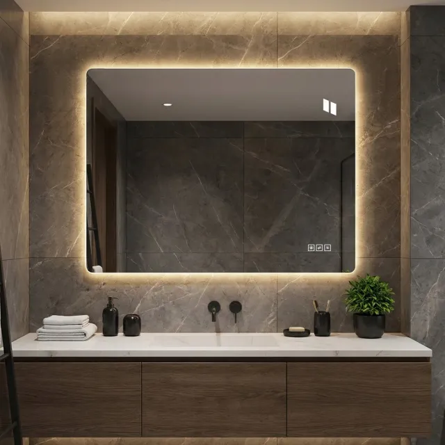 MEUNIQ LED badkamerspiegel 80 x 60 cm, frameloze rechthoekige wandspiegel met dimbare achtergrondverlichting, anti-condens, geheugenfunctie en IP44, zilver