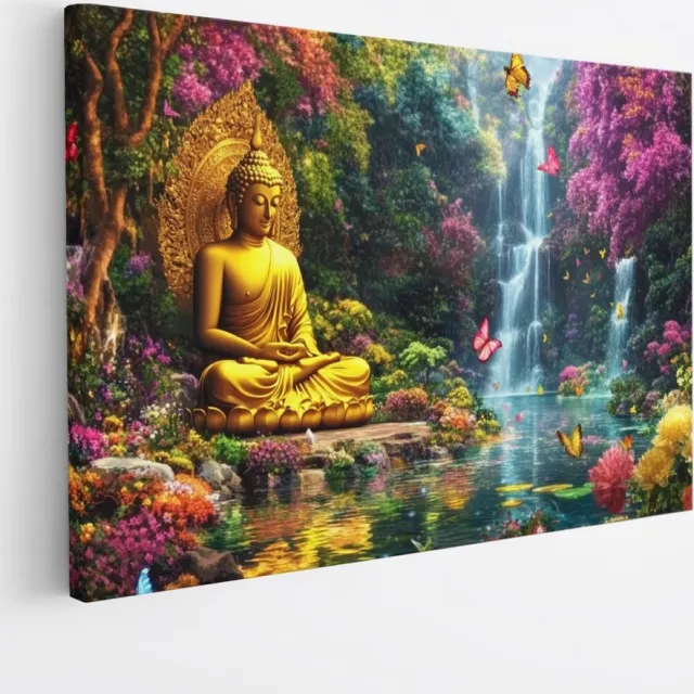 Saammp Canvas Schilderij - Boeddha in bloementuin - Abstract - 120x80 - Foto op canvas - Wanddecoratie - Muurdecoratie Woonkamer - Slaapkamer decoratie - Canvas Print Multicolor