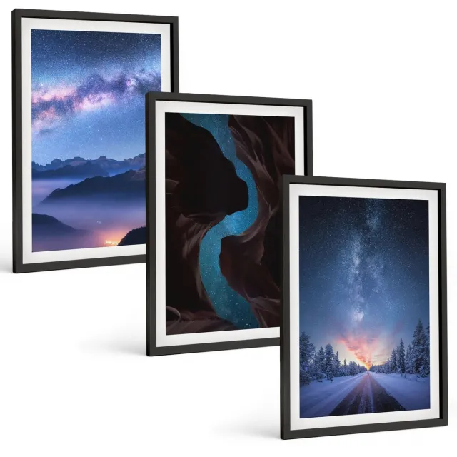 TULUP 4-Delige Schilderij Set - Nachtelijke hemel, bergen, kloof en winterlandschap - 40 x 60 cm - Wanddecoratie - Woonkamer Decoratie - Moderne Wanddecoratie Zwarte lijst