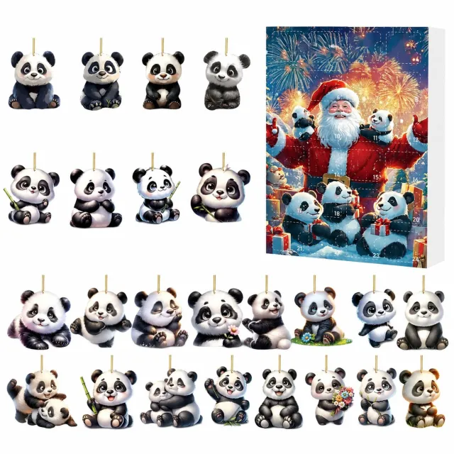 SWGOTA Adventskalender 2026 met 24 pandahangers van acryl - Met goudkleurige ophangkoorden - Kerstboom- en rugzakdecoratie in kartonnen doos Zwart
