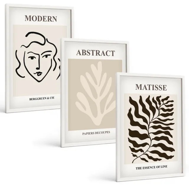 TULUP 3-Delige Schilderij Set - Illustraties van gezicht en bladeren door Henri Matisse - 40x60 - Muurdecoratie - Wanddecoratie - Slaapkamer - Moderne Wanddecoratie Witte lijst