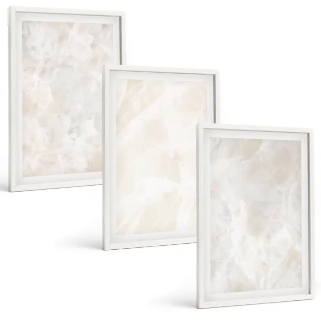 TULUP 3-Delige Schilderij Set - Pastelkleurige stenen structuren van wit marmer - 40x60 - Muurdecoratie - Decoratieve Schilderijen - Wohnzimmer Witte lijst