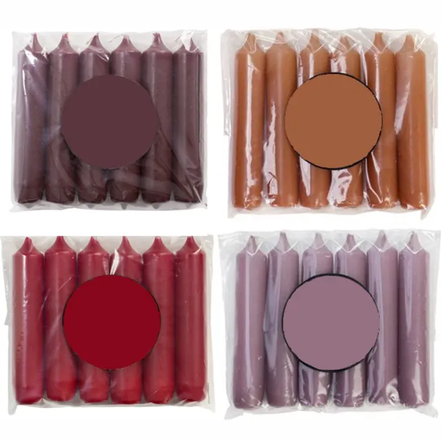 Cactula Korte Dinerkaarsen – 24 Stuks (4 x 6 stuks) – Ø 2.1 x 12 cm – Luxe Winter Mood Kleuren: Aubergine, Siena, Rood & Mauve – Trendy Winter 2025/2026