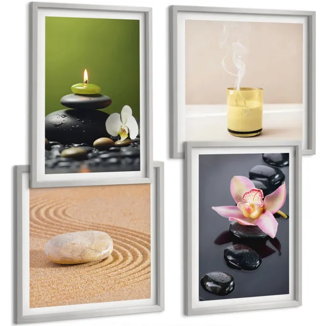 TULUP 4-Delige Schilderij Set - Rustgevende steenthema's: vrede en zen - 40 x 40 cm en 40 x 60 cm - Schilderijen Set - Wanddecoratie - Woonkamer Zilveren lijst