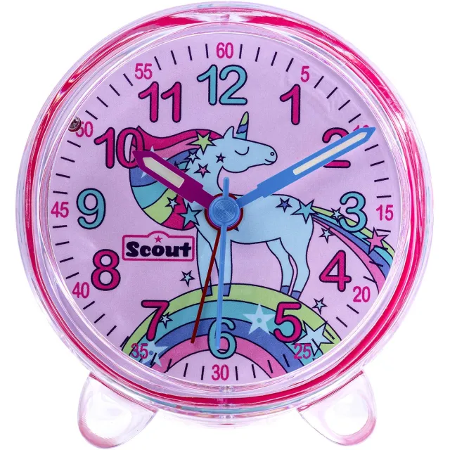SCOUT Wecker analog mit pinkem Gehäuse Serie "Unicorn" mit Lernziffernblatt und Einhorn-Motiv