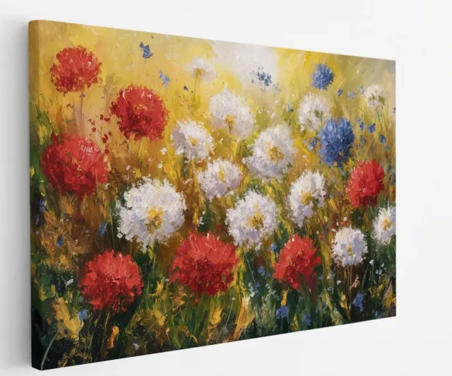 Saammp Canvas Schilderij - Bloemen Weide Rood, Wit en Blauw - Natuur - Abstract - 90x60 - Foto op canvas - Wanddecoratie - Muurdecoratie Woonkamer - Kantoor Decoratie Multicolor