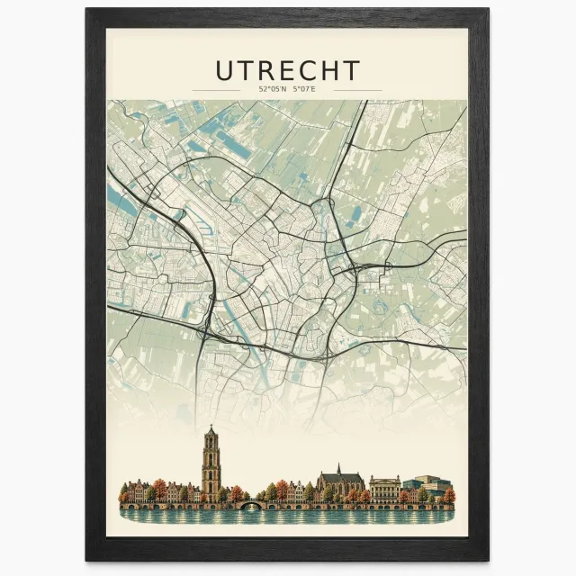 Joshimo Utrecht Stadskaart Poster | Vintage Kaart met Skyline | Inclusief Zwarte A3 Lijst