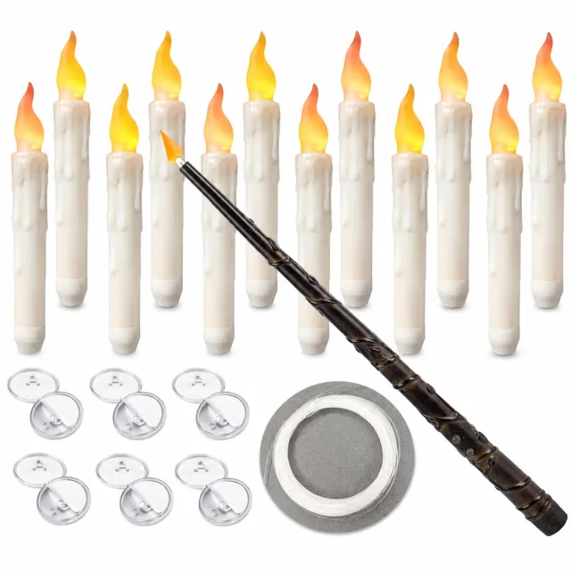 SWGOTA led kaarsen, 12 stuks met geel flikkerlicht, wasdruppelvorm en toverstaf-afstandsbediening voor hangende Halloween-decoratie Crème