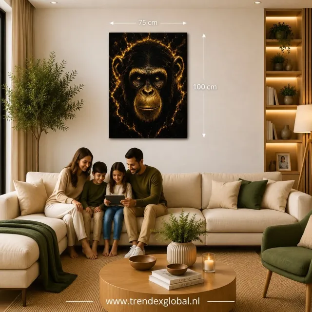 Trendex Global Canvas schilderij 100x75 cm - Gouden Chimpansee op zwarte achtergrond - Luxe Wanddecoratie - Zwart - Goud - Dieren