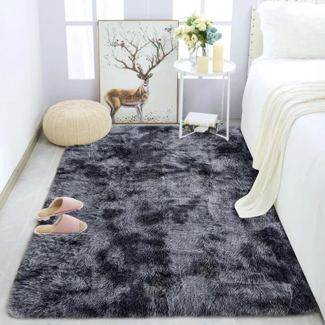 Famanu Zacht antislip vloerkleed voor de woonkamer, pluizig slaapkamertapijt, shaggy vloermat, groot formaat 80 x 120 cm in zwart/grijs