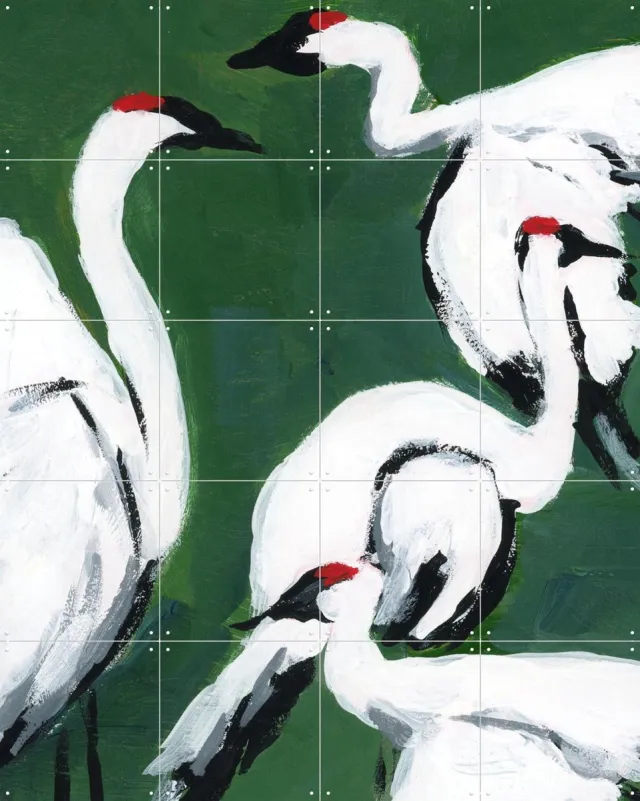 IXXI Cranes on Dark Green, Green Barn Studio - 80 x 100 cm - Grote wanddecoratie en posters - Olieverf, Kwaststreken, Abstract, Woonkamer, Vogels Wit / Donkere tinten